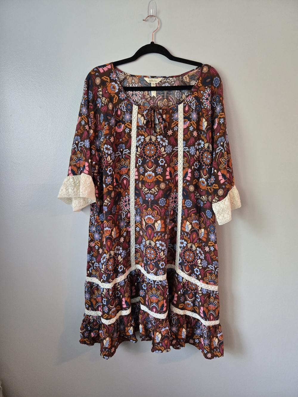 Matilda Jane Floral Lace Trim Tunic Dress Brown Multi Color Boho Whimsical XXL